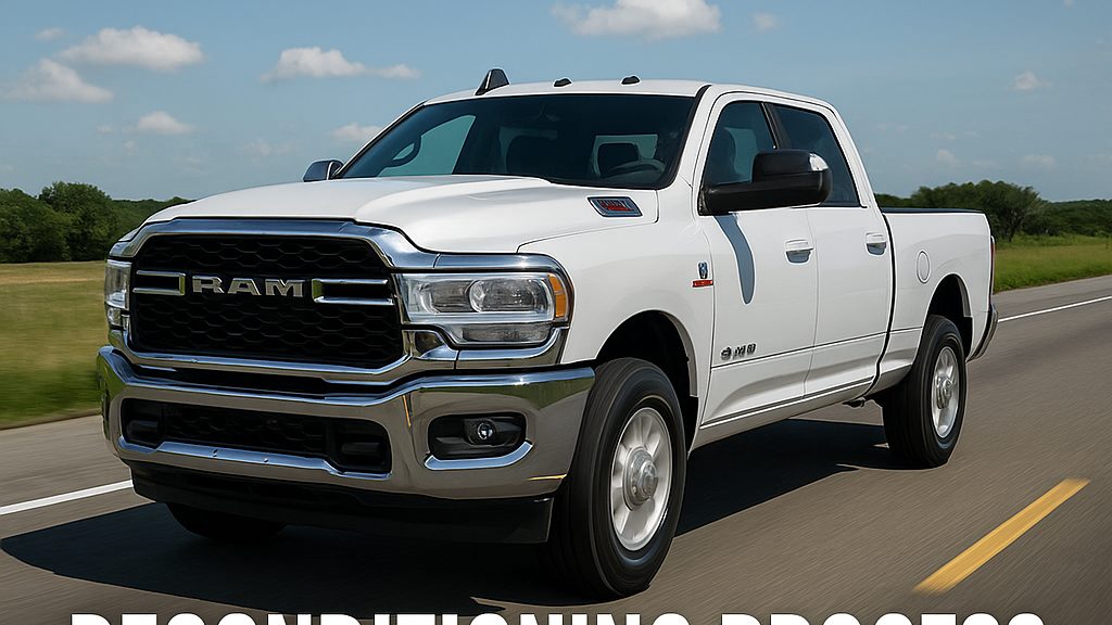 White Ram 2500 driving on a Texas highway with text reading ‘North Texas Truck Stop’ and ‘Reconditioning Process and Philosophy’.