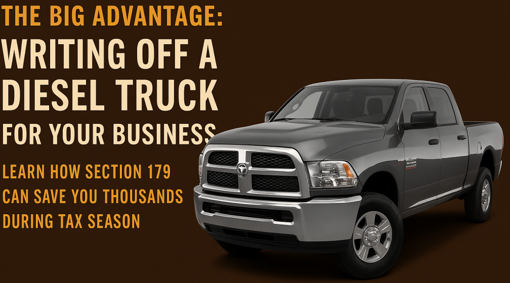 Wide banner showing text about writing off a diesel truck for your business, with a gray Ram diesel pickup truck on the right.