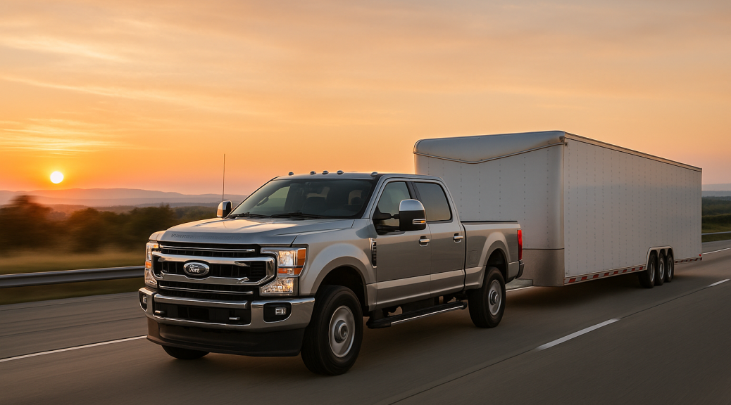 Ford F-250 diesel truck towing an enclosed trailer on the highway at sunset.