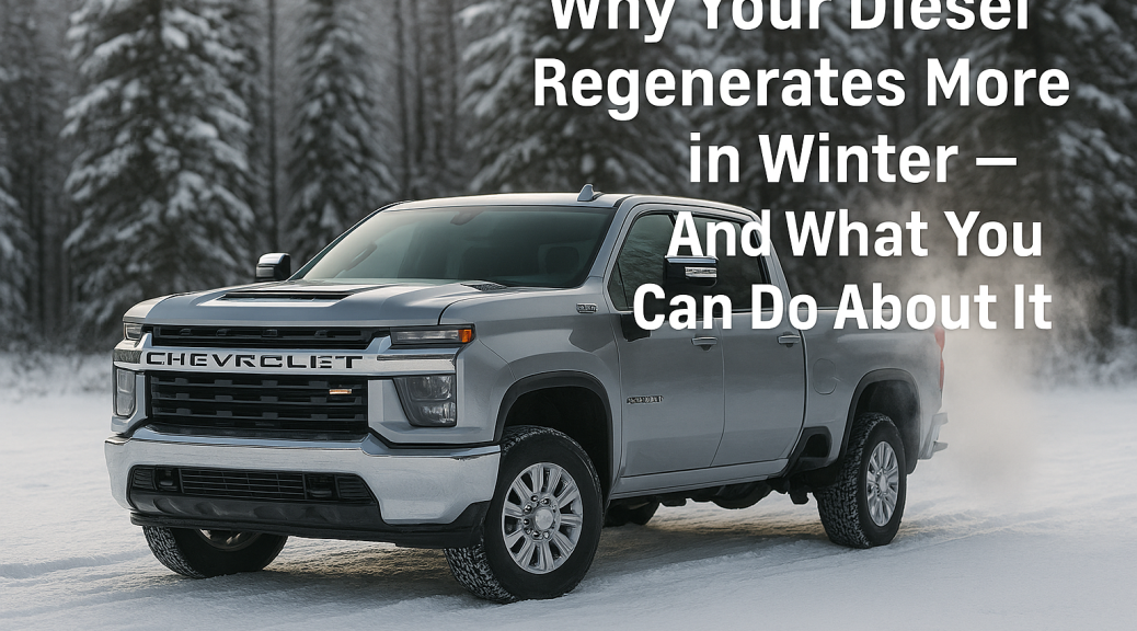 2025 Chevy 2500 diesel truck in a snowy field with exhaust vapor and winter regeneration blog title overlay