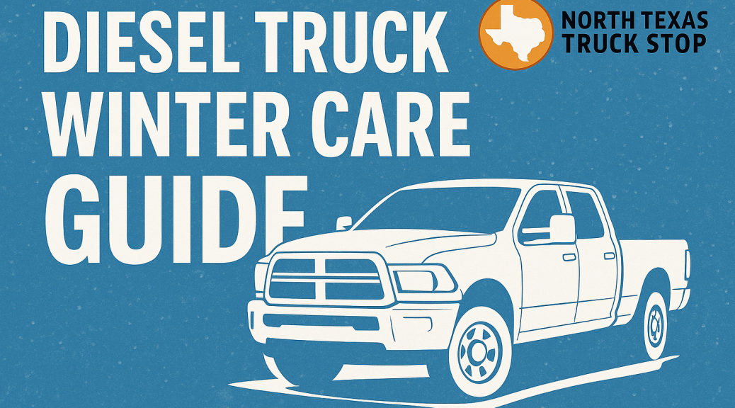 Winter diesel survival guide image featuring a modern diesel truck in cold conditions with the North Texas Truck Stop logo.