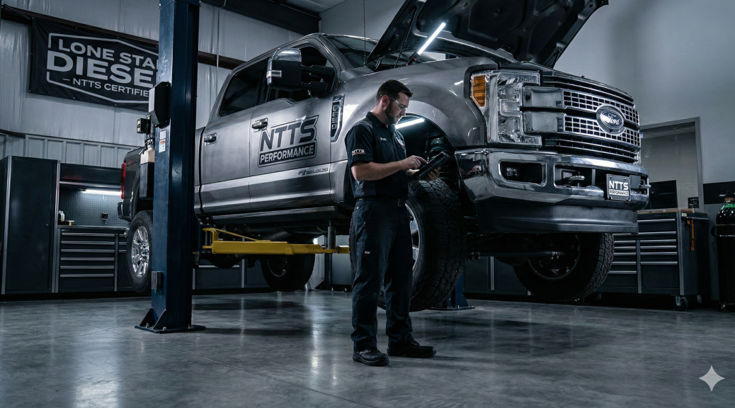 Technician performing diesel reliability checks as part of the NTTS Reconditioning Standard on a premium used diesel truck.