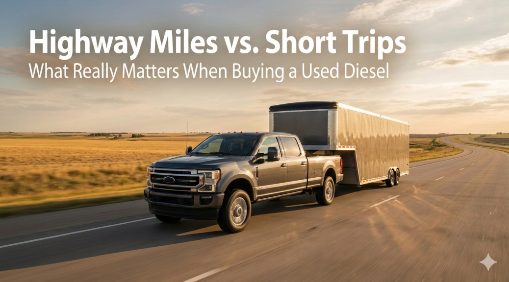 Used diesel truck towing a trailer on a Texas highway illustrating highway miles versus short-trip use