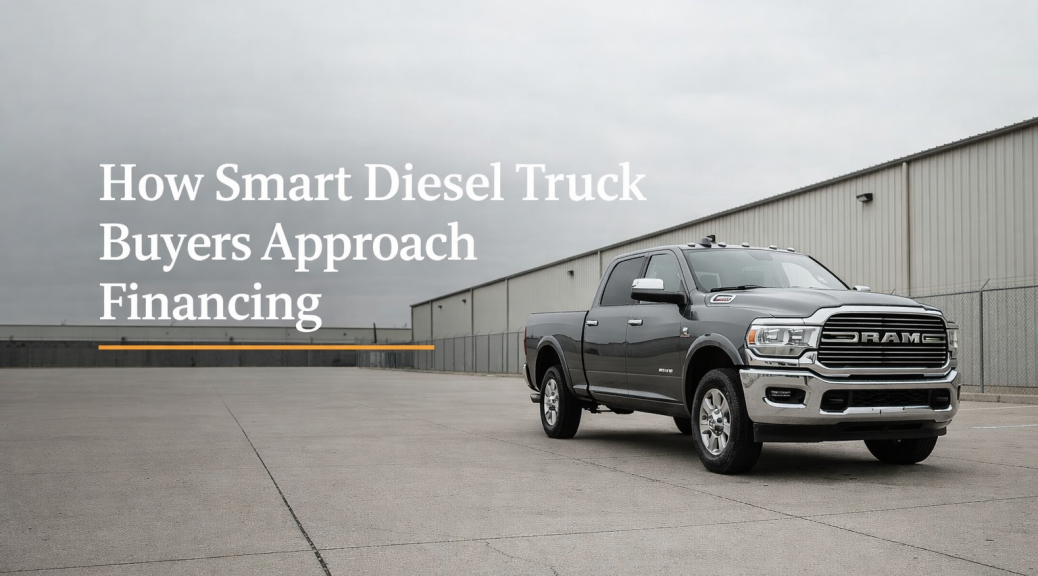 Used diesel pickup truck parked at an industrial warehouse, representing how smart diesel truck buyers approach financing