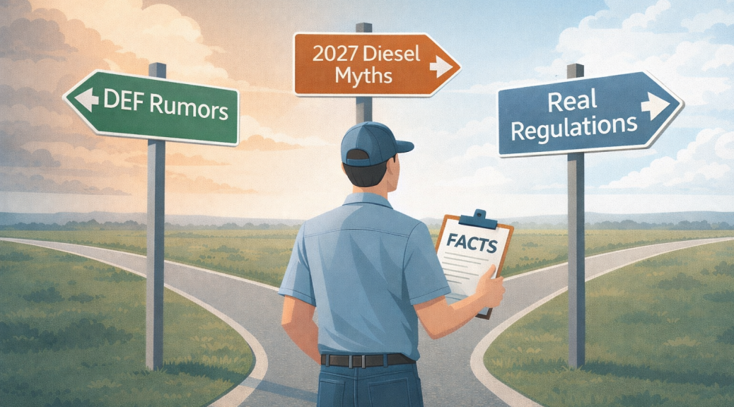 Road sign illustration showing 2027 diesel rules and DEF requirements, representing confusion around diesel emissions regulations