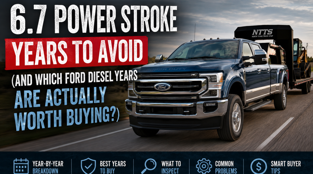 Ford Super Duty 6.7 Power Stroke diesel truck on a Texas highway illustrating the best and worst 6.7 Power Stroke years to buy for used diesel truck shoppers.