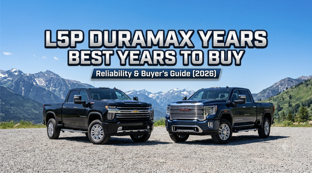 Black Chevrolet Silverado HD and dark blue GMC Sierra HD featuring the L5P Duramax engine with text highlighting the best L5P Duramax years to buy.