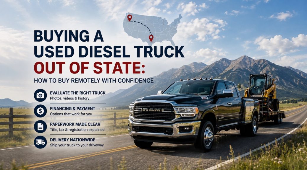 Used Ram 3500 diesel truck being transported across state lines for a remote out-of-state truck purchase.