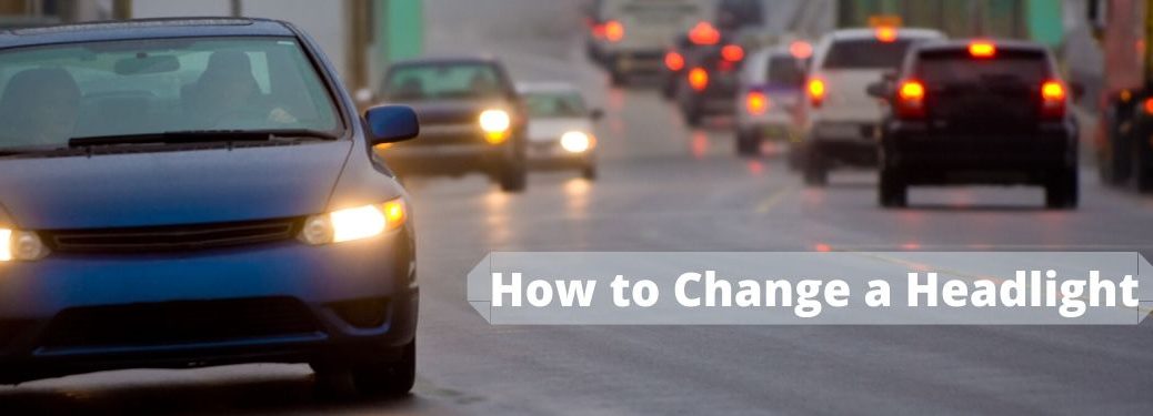 Cars on road with head and tail lights shining with how to change a headlight in text box