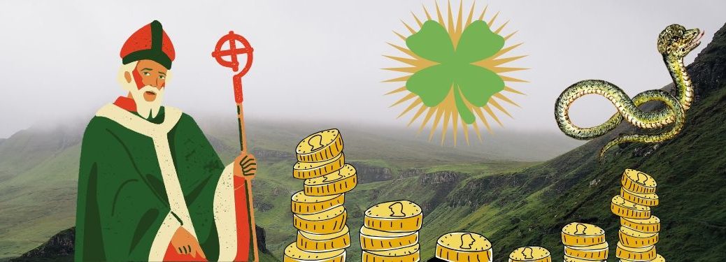 Saint Patrick uses the power of the clover to summon money and expel the snake lord.