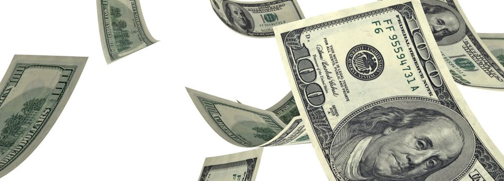 Money falls from the sky in a rain of $100 bills