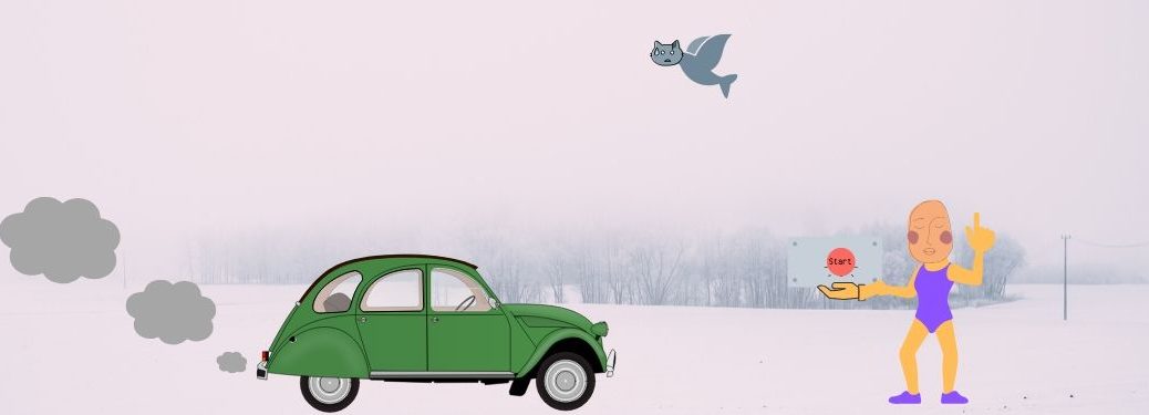 A being savors the activation of remote start in a wintry clime while a concerned bird flies overhead.