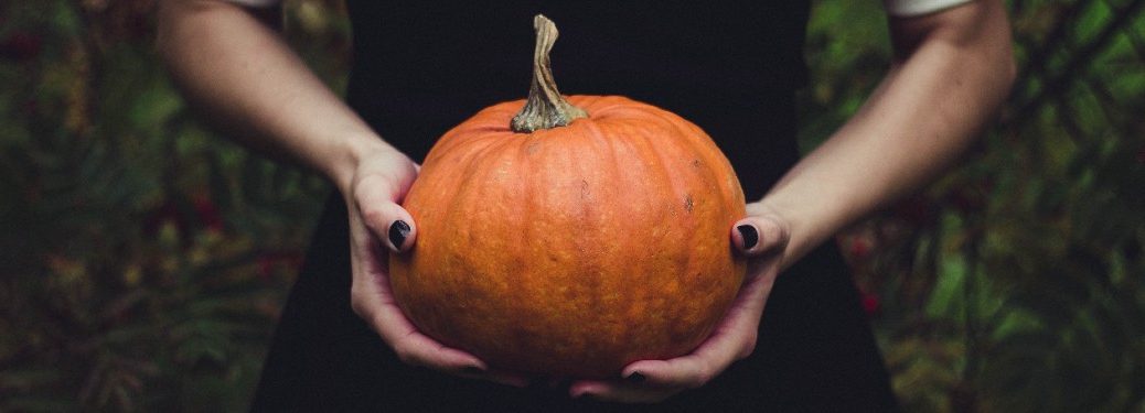 girl in black dress holding a pumpkin