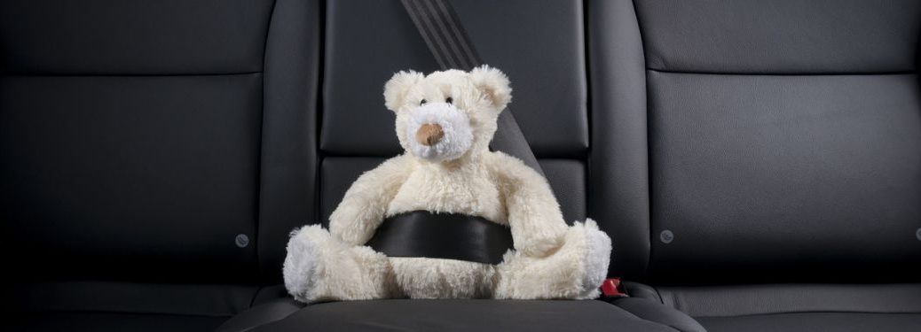 Teddy bear sitting on the back seat of a car
