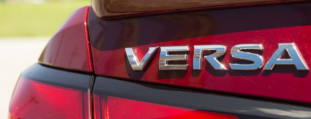 A photo of the Versa badge used by the 2020 Nissan Versa.