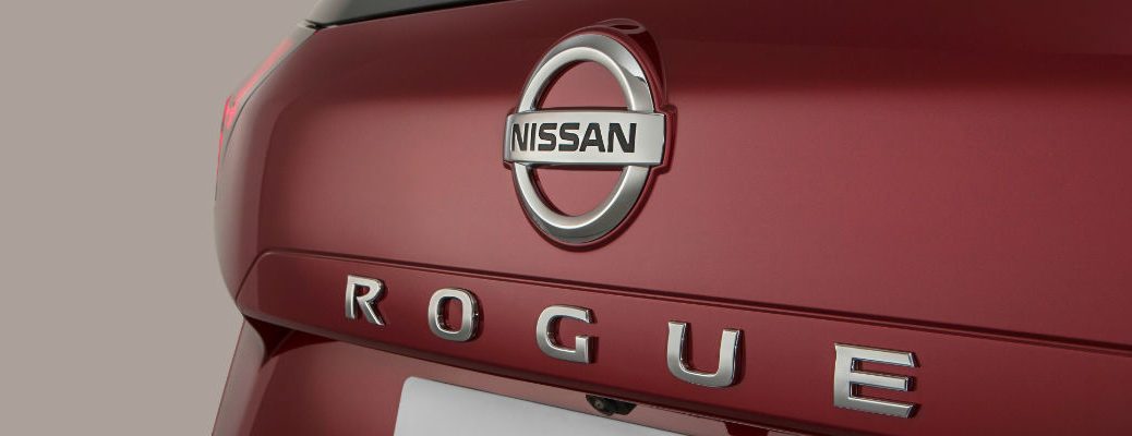 A photo of the Rogue badge used on the back of the 2021 Nissan Rogue.