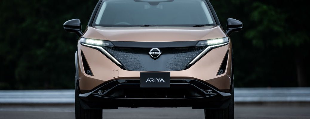 A front-end photo of the Nissan Ariya.