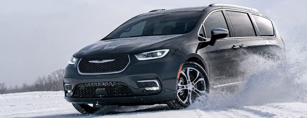 View of the 2022 Chrysler Pacifica in the snow