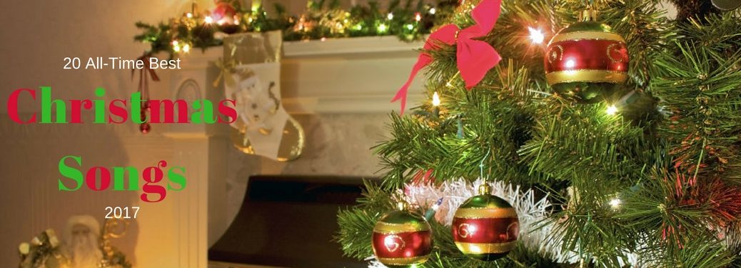 20 All-Time Best Christmas song, text on an image of a fireplace mantle decorated for Christmas