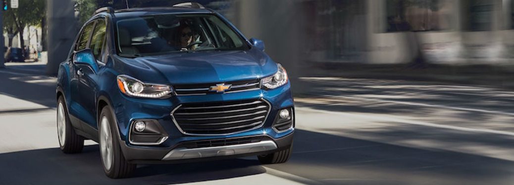 Front exterior view of a blue 2018 Chevy Trax