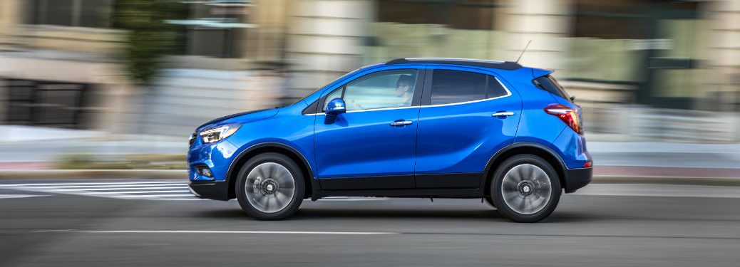 Driver side exterior view of a blue 2018 Buick Encore