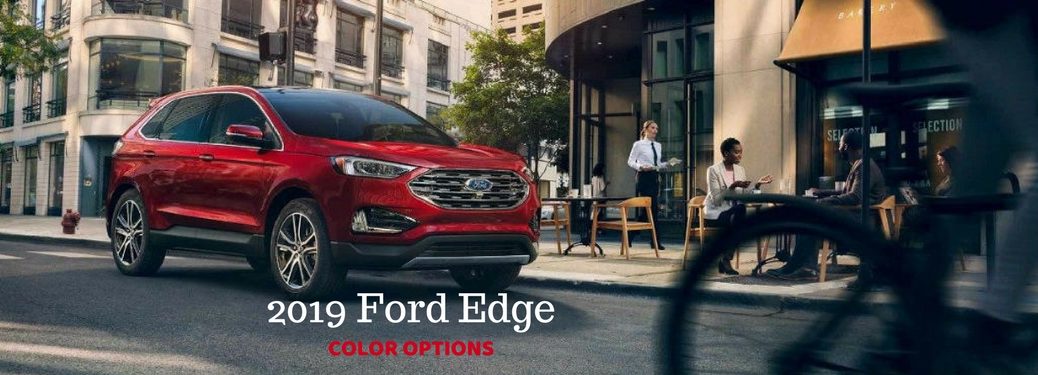 2019 Ford Edge Color Options, text on an image of a red 2019 Ford Edge