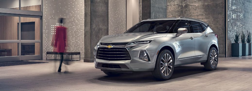 Driver side exterior view of a gray 2019 Chevy Blazer