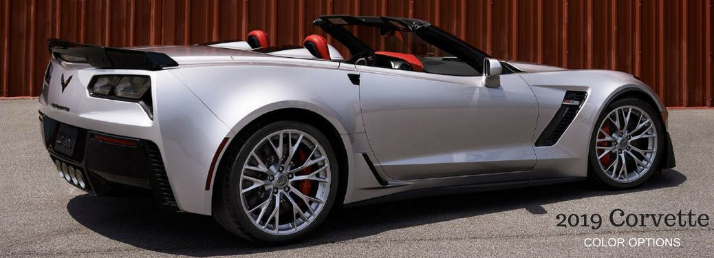 2019 Corvette Color Options, text on an exterior image of a gray 2019 Chevy Corvette