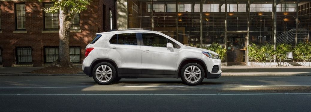 White 2020 Chevrolet Trax parked on street from exterior passenger side