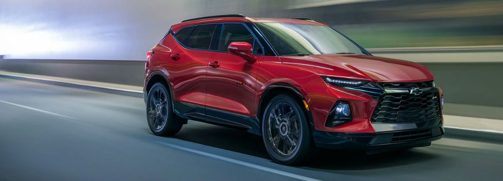 2020 Chevy Blazer red exterior front fascia passenger side driving