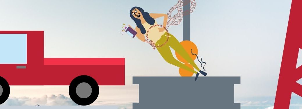 A woman tied to an elaborate harness sprays a spray-in bedliner into a pickup truck, both being suspended above the clouds on a complex contraption.