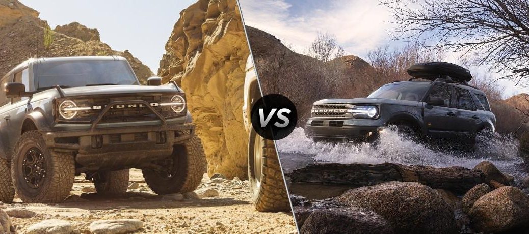 2021 Ford Bronco and 2021 Ford Bronco Sport, separated by a diagonal line and a "VS" logo