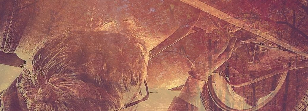 A mechanic works on the underside of a vehicle, overlayed on a backdrop of fall leaves