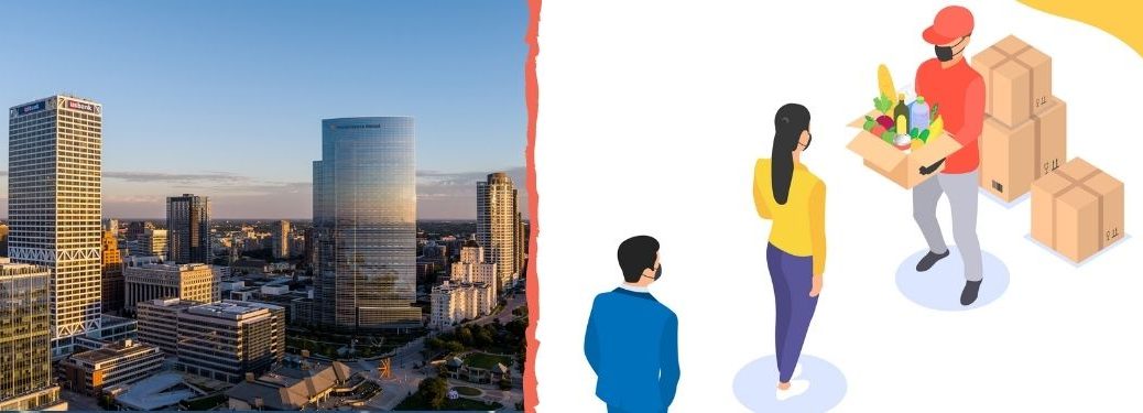 Milwaukee skyline split with people getting food donations