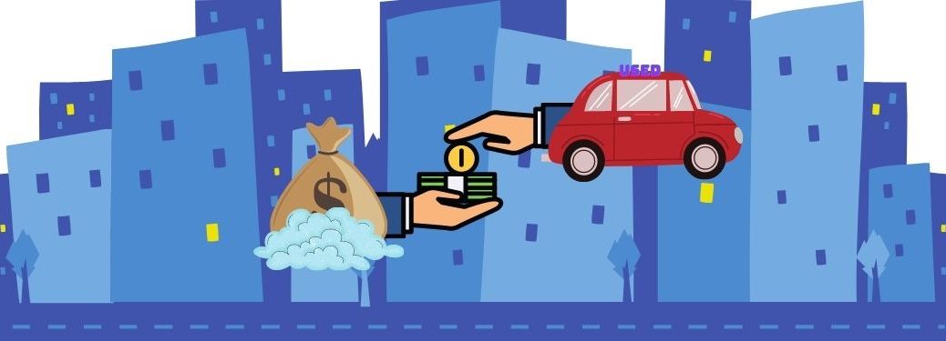 An arm saddled with a used car hands money over to a big floating money bag