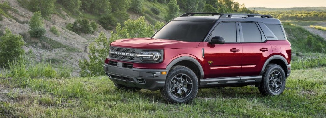 A 2021 Ford Bronco Sport parked on a plot of grass in a field
