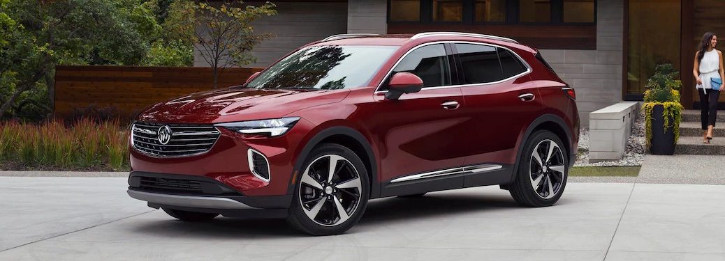 Front driver angle of a red 2021 Buick Envision