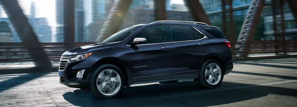 Front driver angle of a blue 2021 Chevrolet Equinox