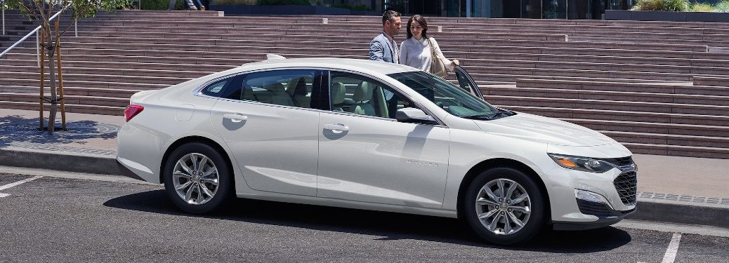 Front passenger angle of a white 2021 Chevrolet Malibu