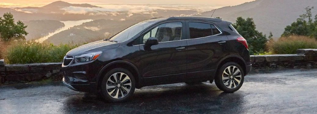 Front driver angle of a black 2021 Buick Encore