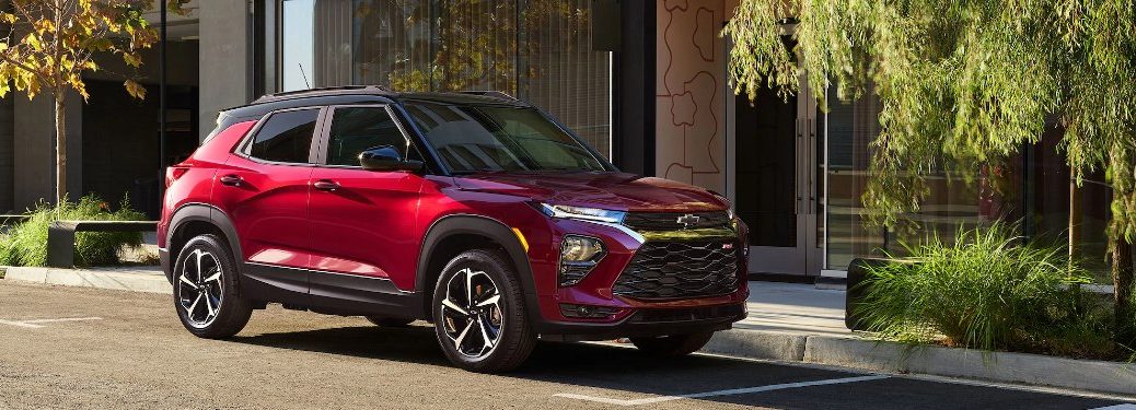Front passenger angle of a red 2021 Chevrolet Trailblazer