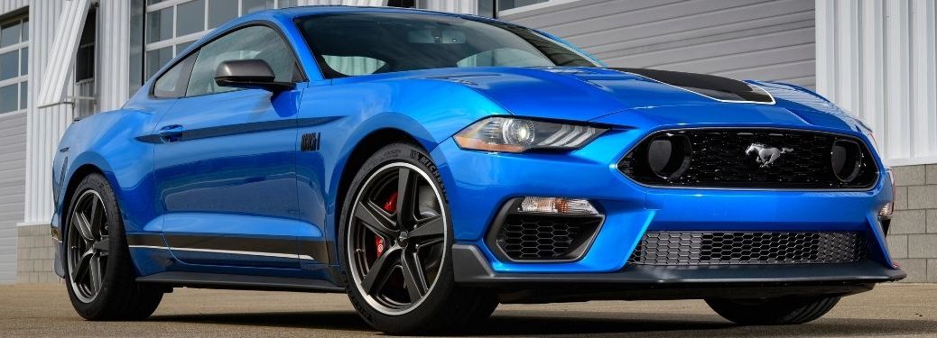 blue 2021 Ford Mustang front and passenger side view