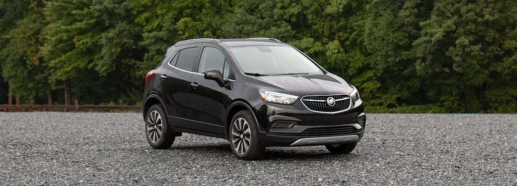Front passenger angle of a black 2021 Buick Encore