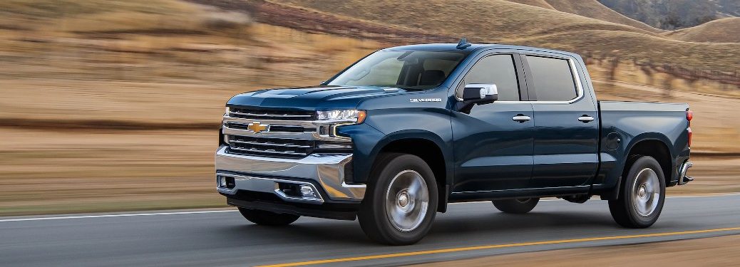 Front driver angle of a blue 2021 Chevrolet Silverado 1500