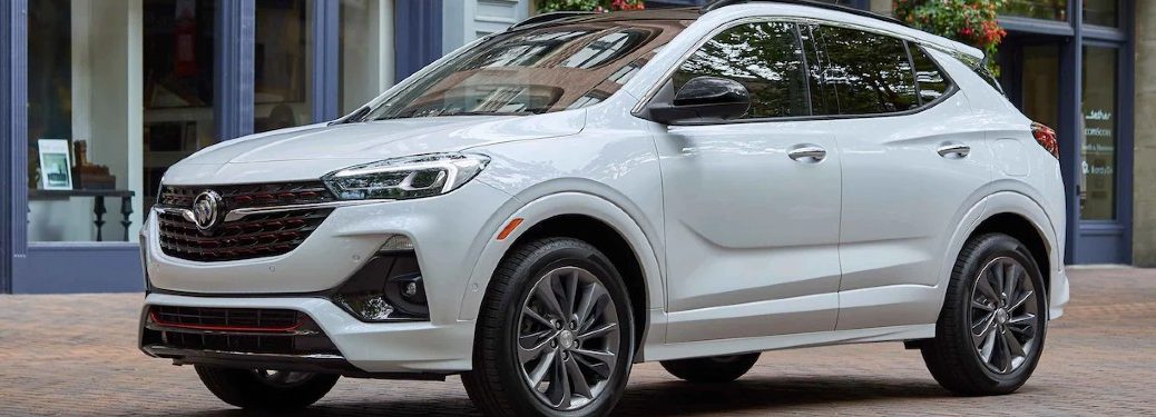 Front driver angle of a white 2021 Buick Encore GX