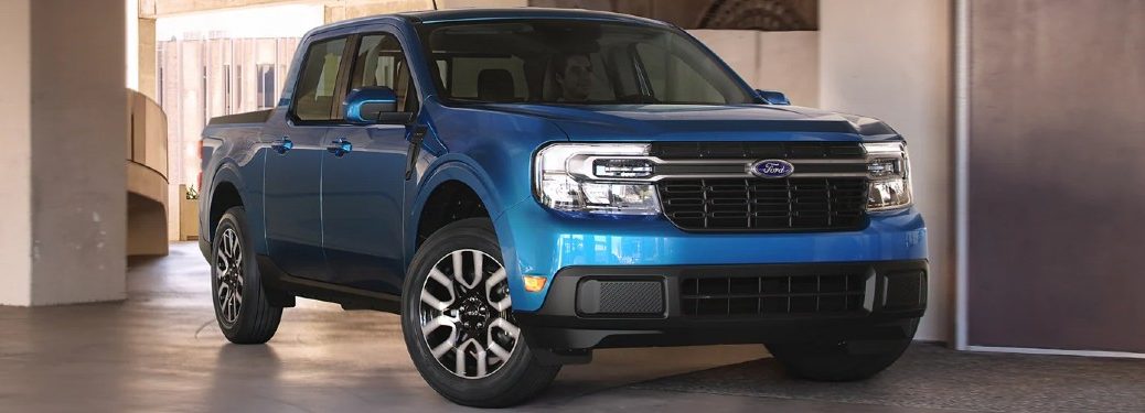 Front passenger angle of a blue 2022 Ford Maverick