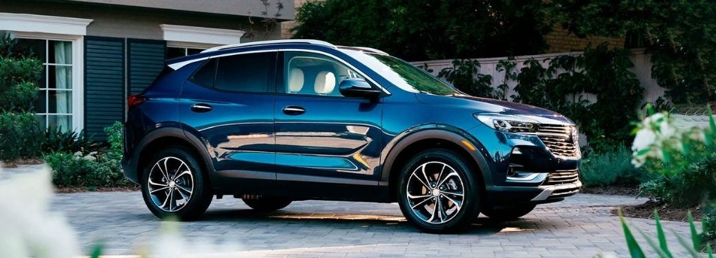 A parked blue 2021 Buick Encore.