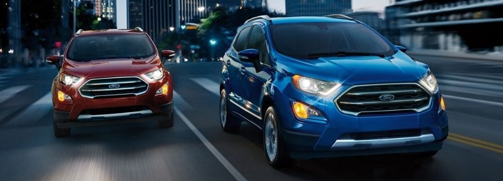 A blue and red 2021 Ford EcoSport on the road