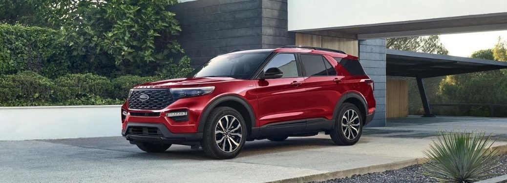 A red 2022 Ford Explorer parked outside.