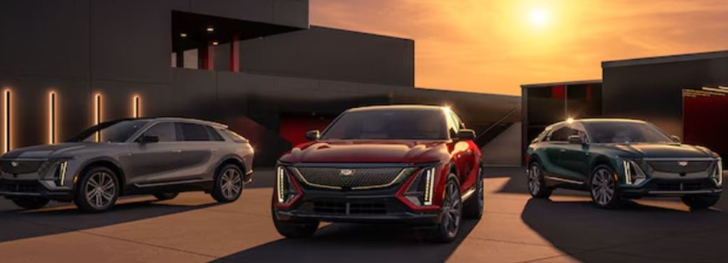 front view of 3 2024 Cadillac LYRIQ parked next to each other